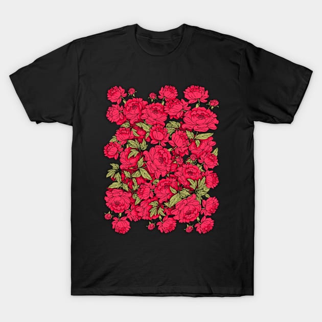 Red Peonies with Gold Leaves T-Shirt by RockettGraph1cs